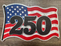 Finished example of a waving American flag design with raised 250 numbers