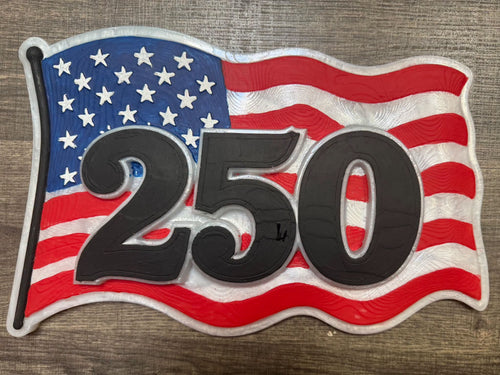 Finished example of a waving American flag design with raised 250 numbers