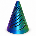 3D printed spiral cone fidget toy in blue, green, and purple