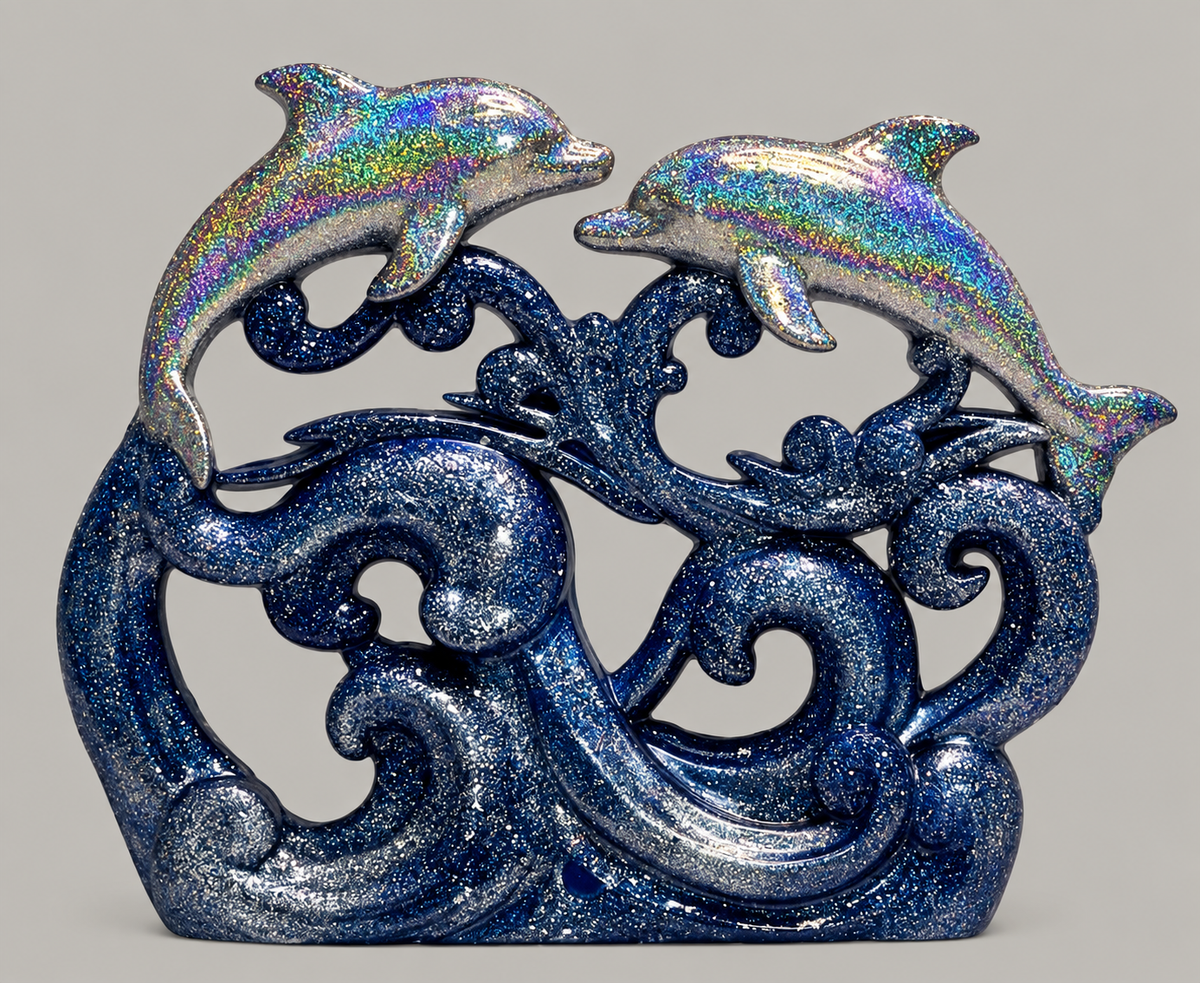 Example finished resin pour: holographic dolphins above navy glitter waves on a neutral background.