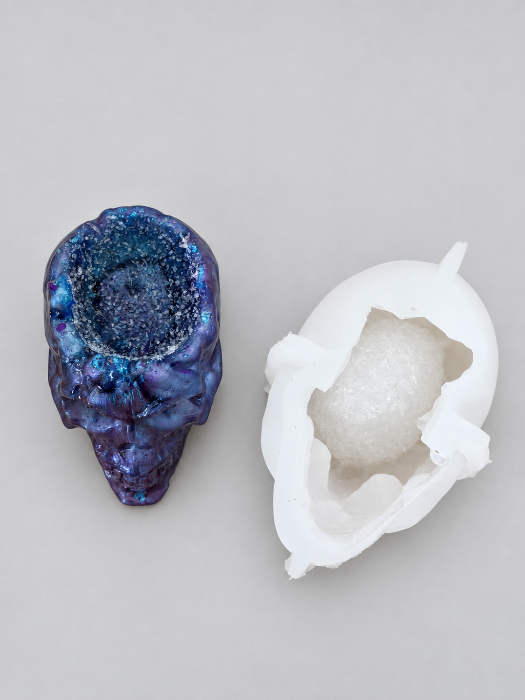 Top view showing the druzy crystal cavity and silicone skull mold