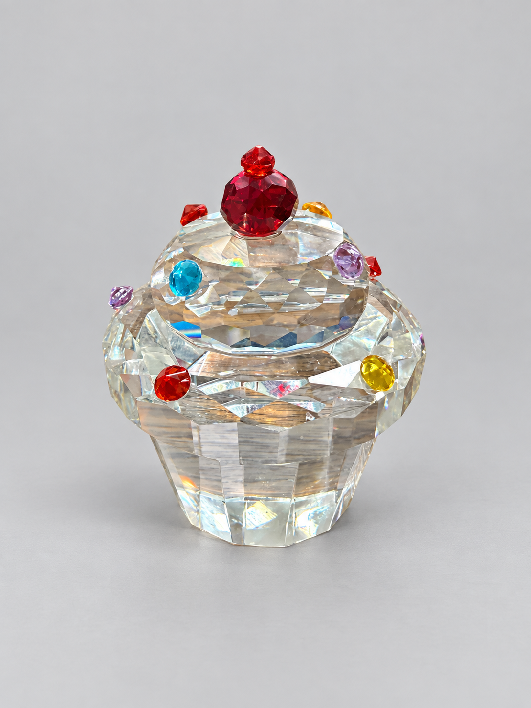 Finished clear faceted glass cupcake container made from a resin mold