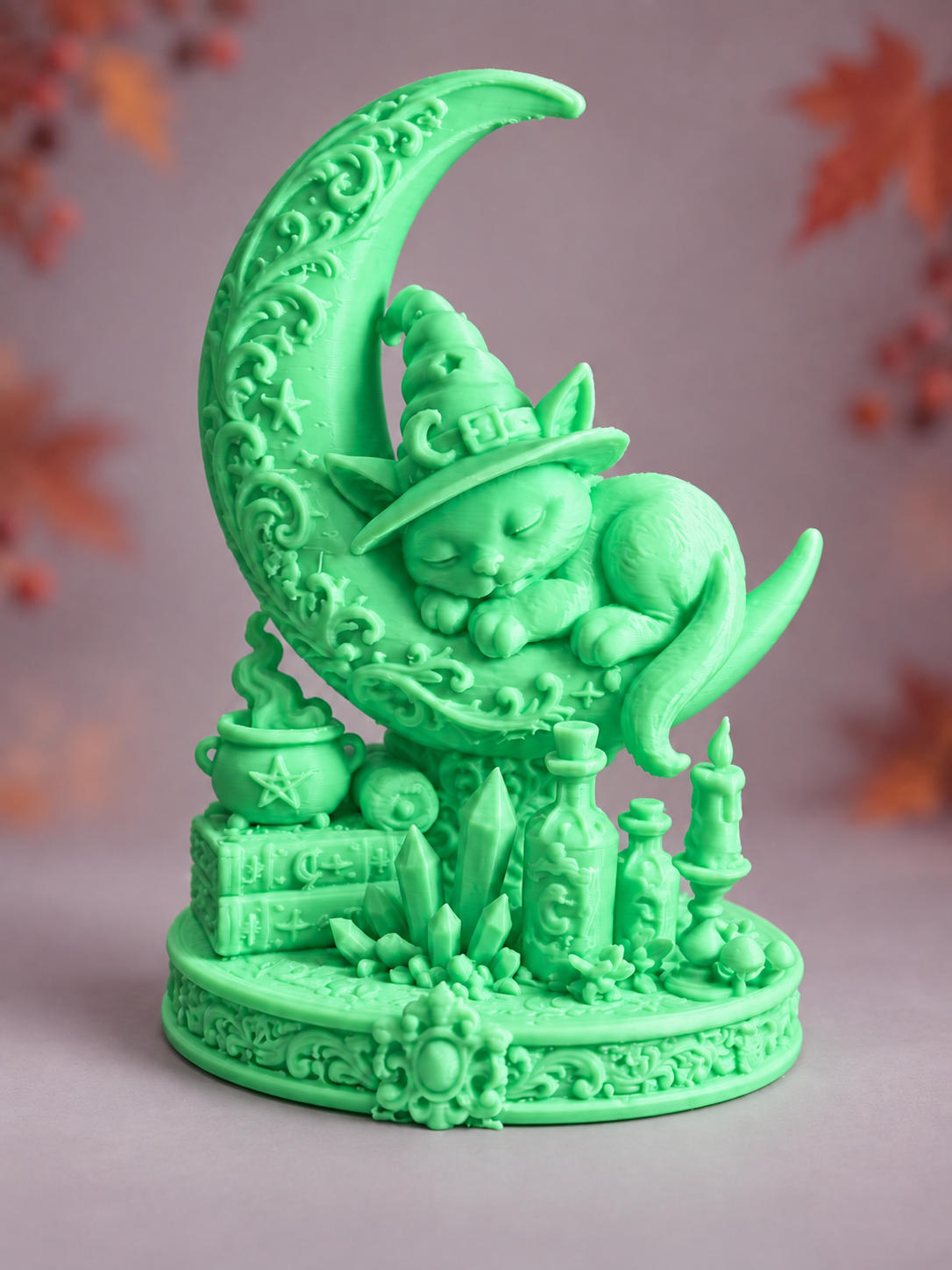 Witchy Kitten on Crescent Moon Resin Mold on a subtle Halloween background