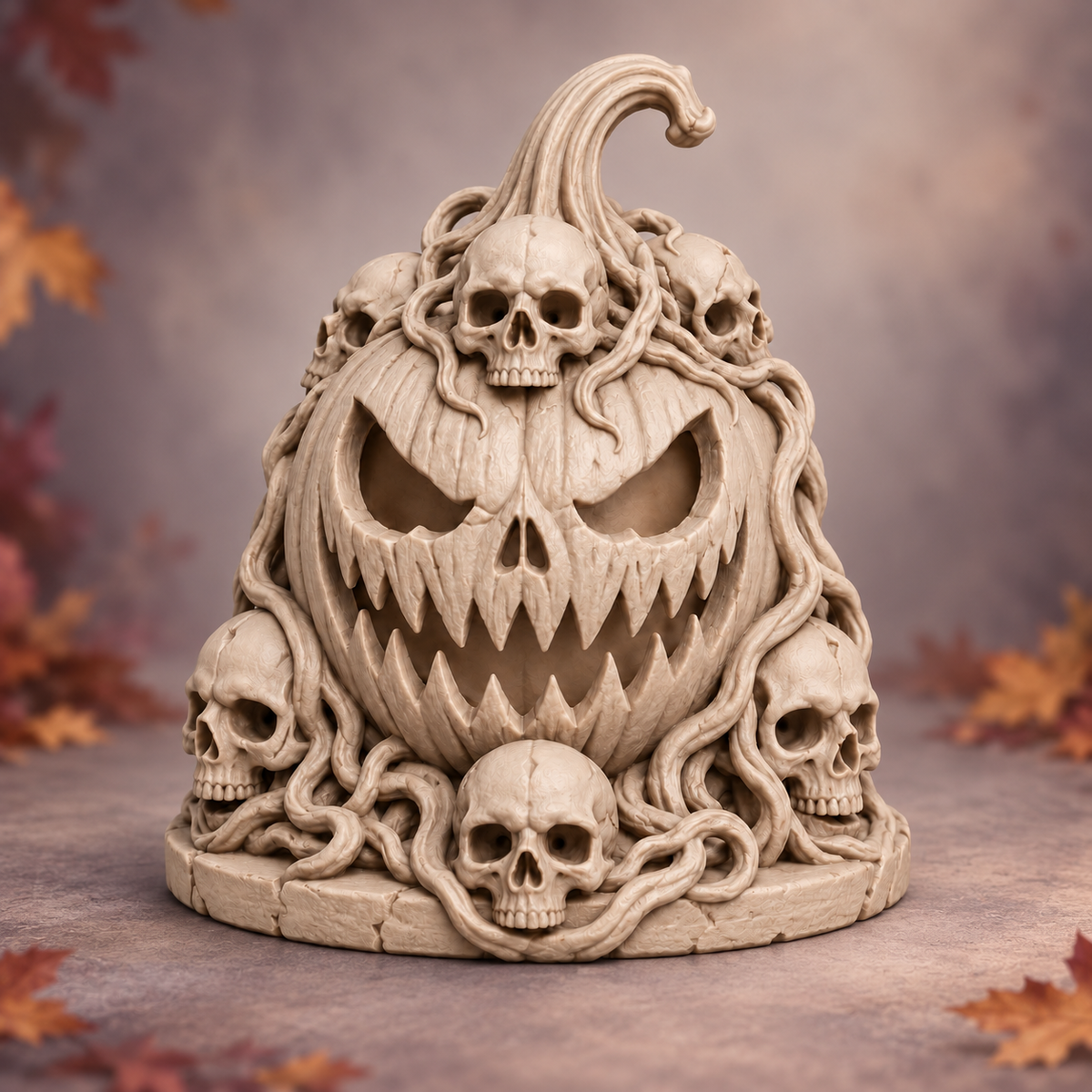 Skull and vine pumpkin mold design on a subtle Halloween background