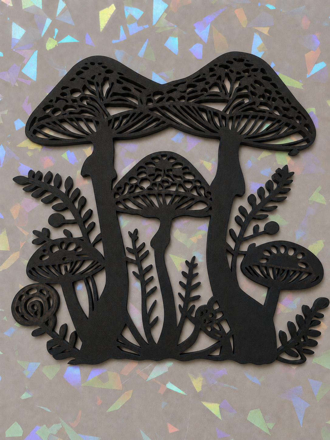 A Woodland Mushroom Template on iridescent background
