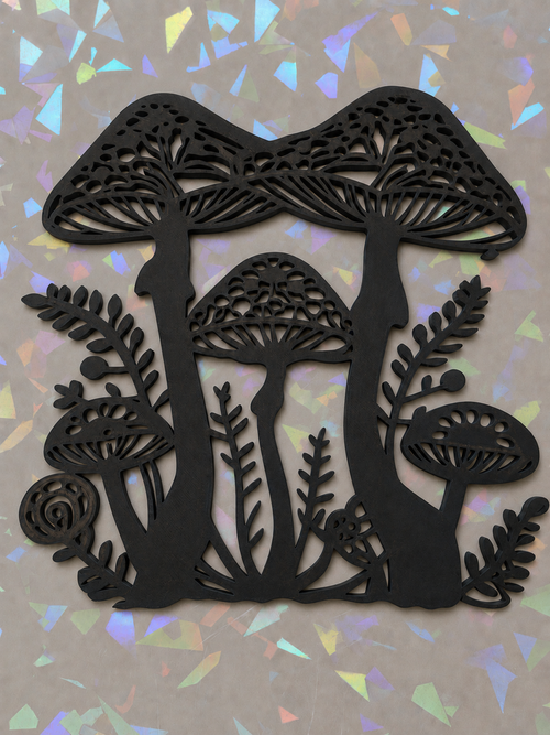 A Woodland Mushroom Template on iridescent background