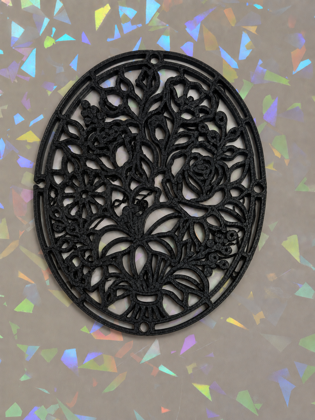 Oval Floral Fiigree Template on iridescent background