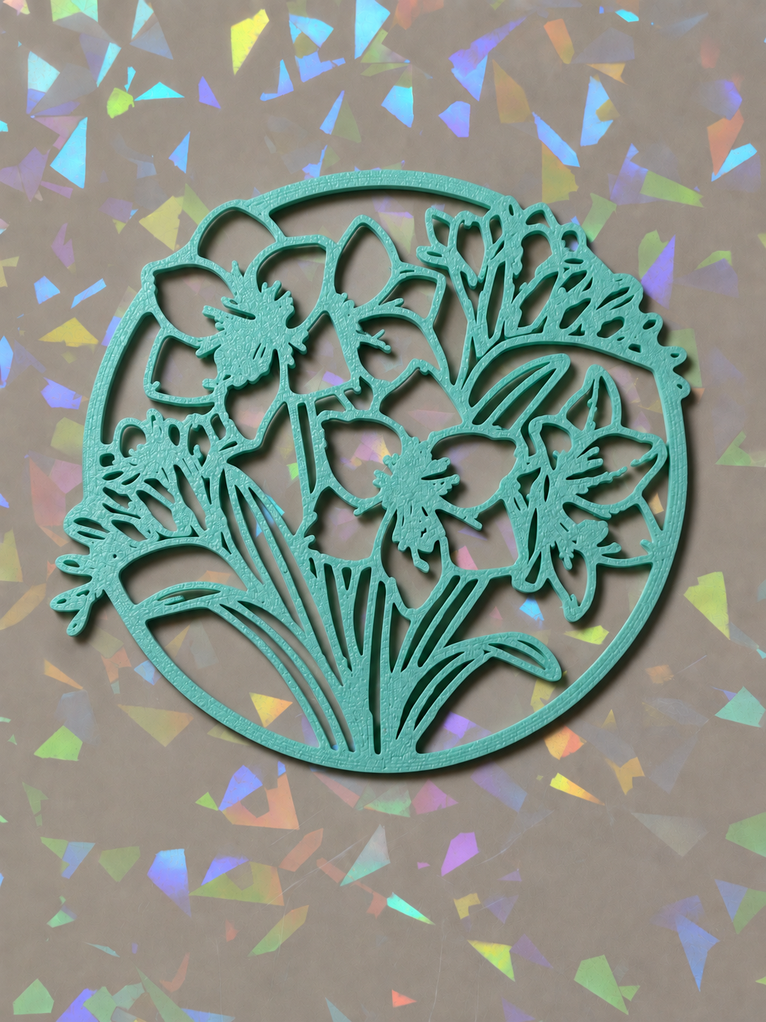 Circular Daffodils Template on iridescent background