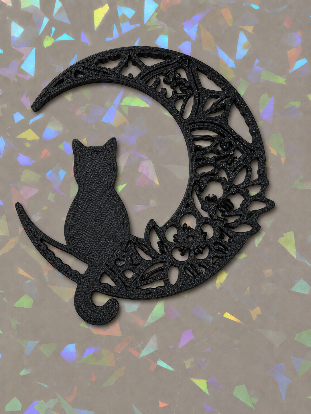 Crescent Moon with Cat Template on iridescent background