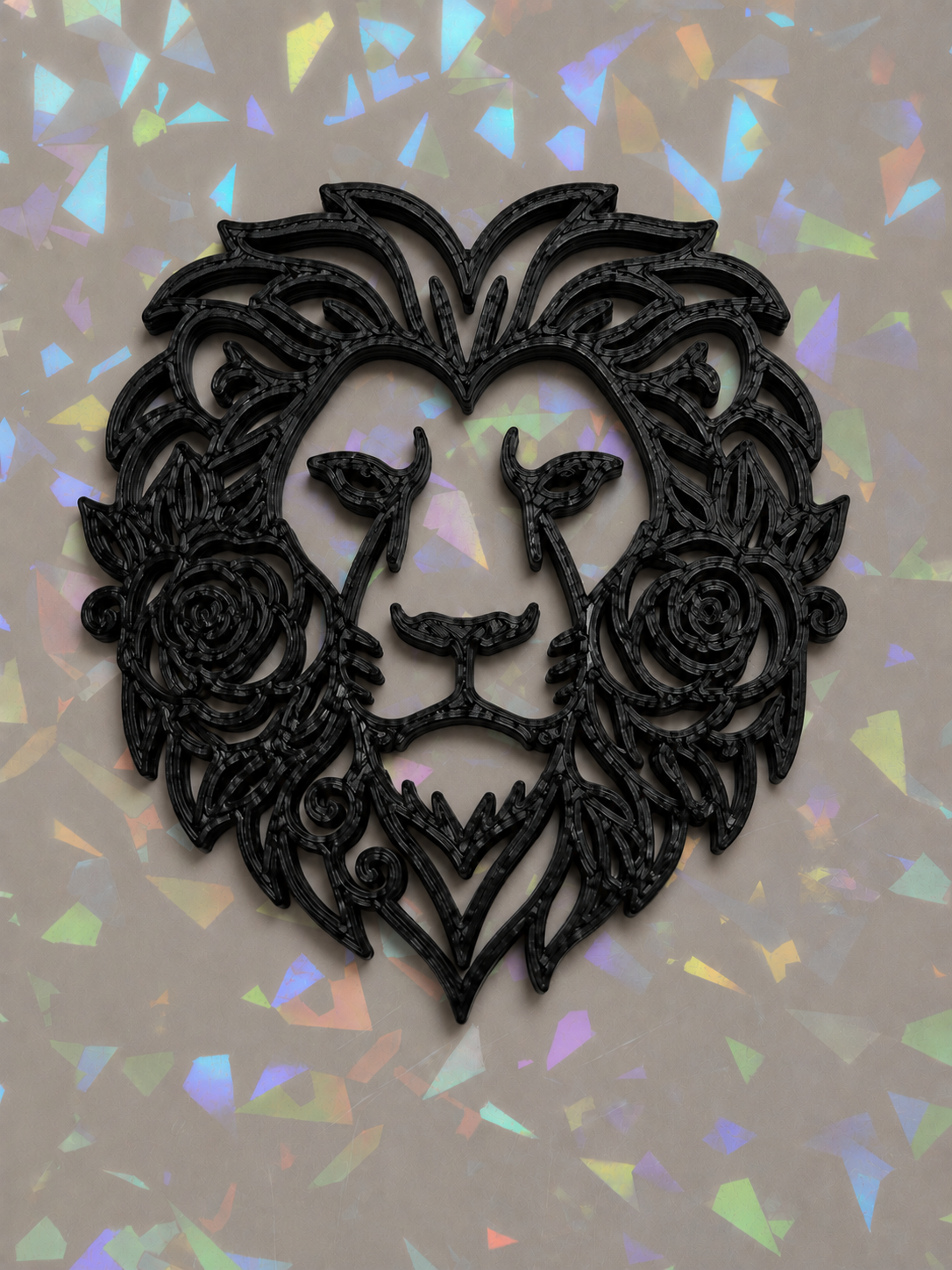 Lion Face with floral accents template on iridescent background