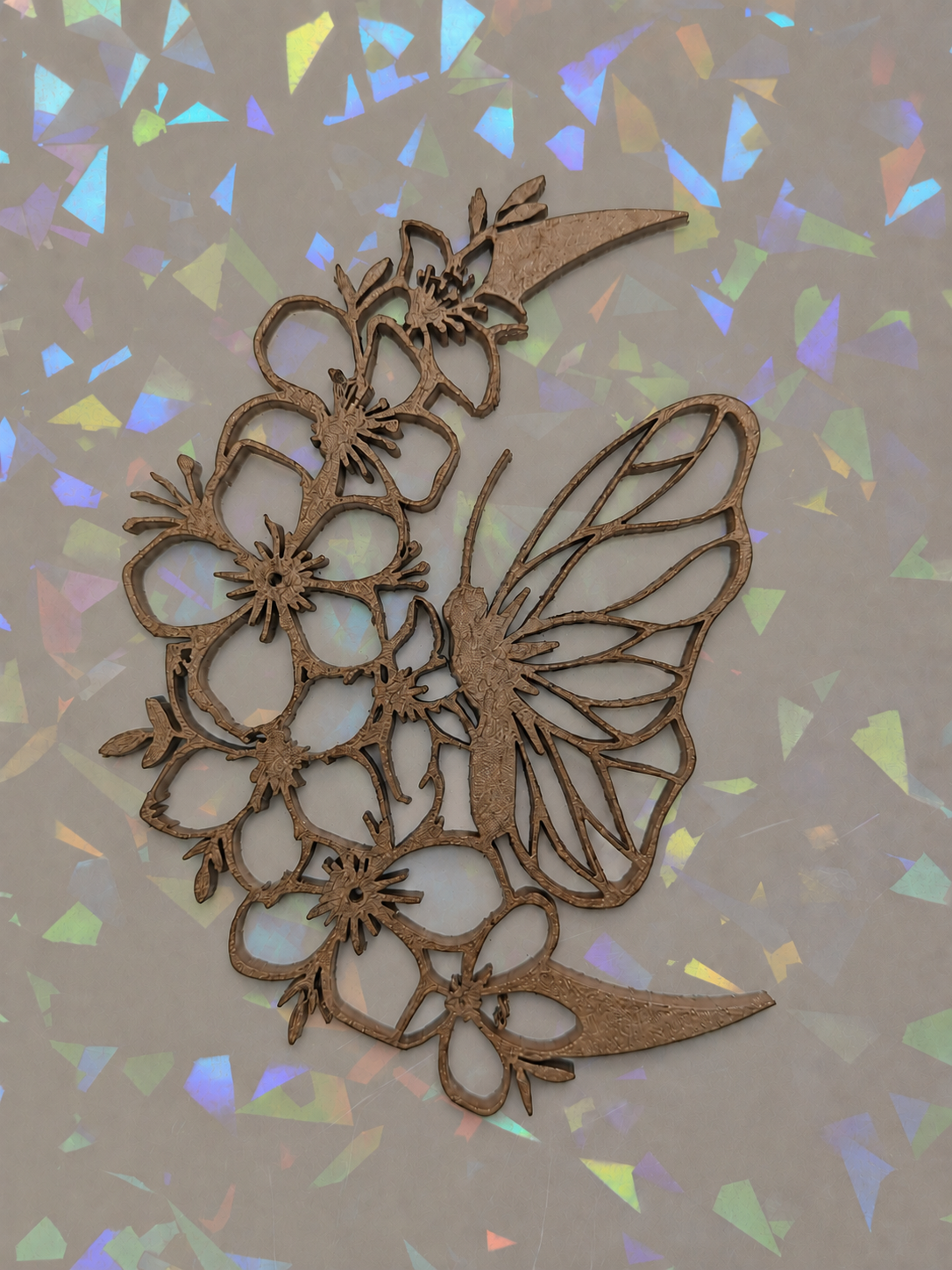 Crescent Flower Moon with Butterfly on iridescent background
