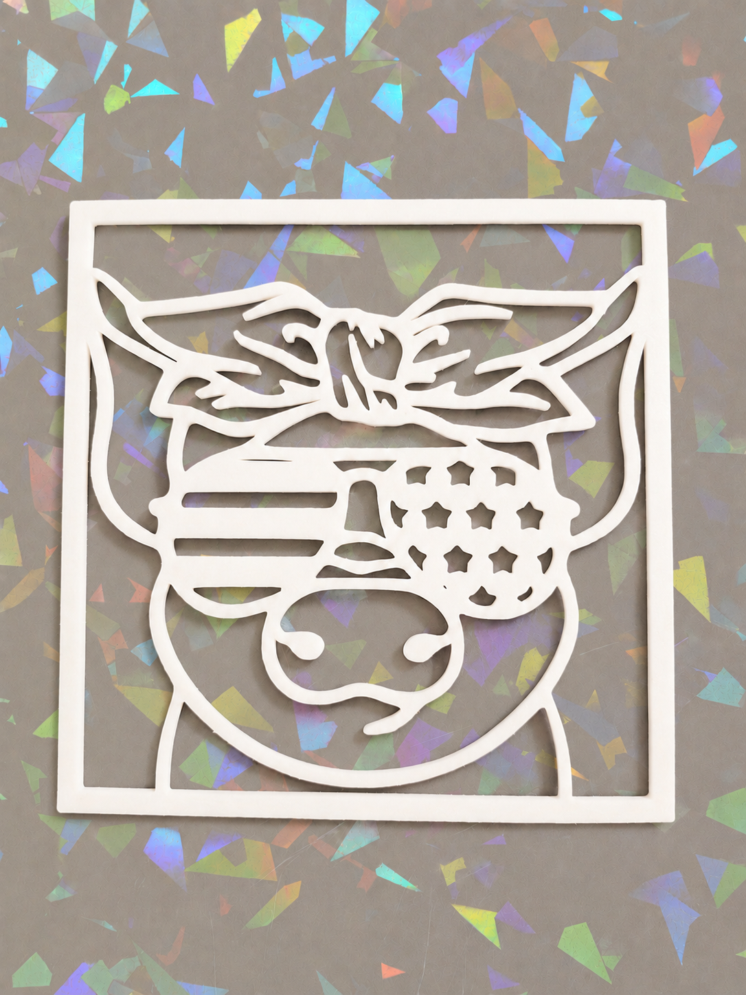 Rustic Highland Cow with American Flag Sunglasses on iridescent background