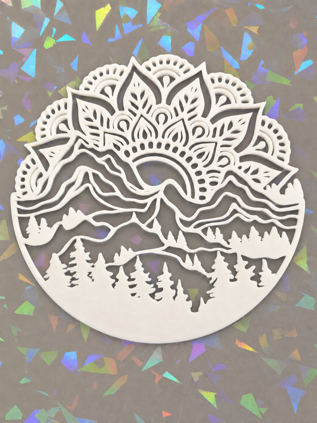 Round Mountain Mandala on iridescent background
